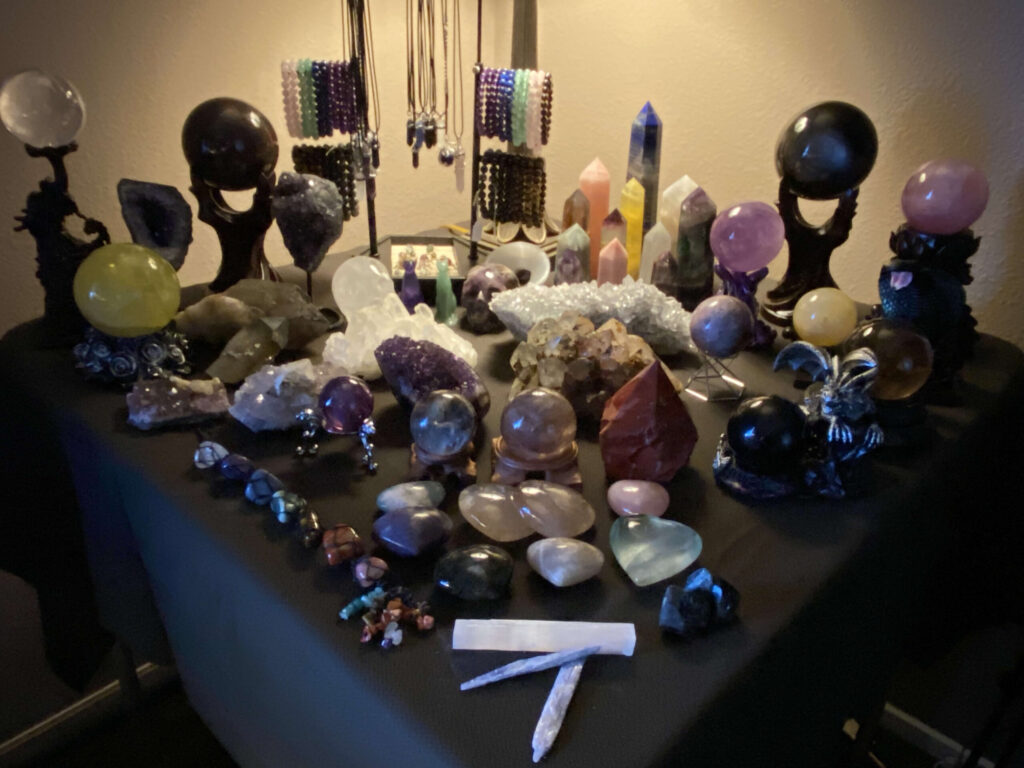 A table of buried treasures and crystals collection.
